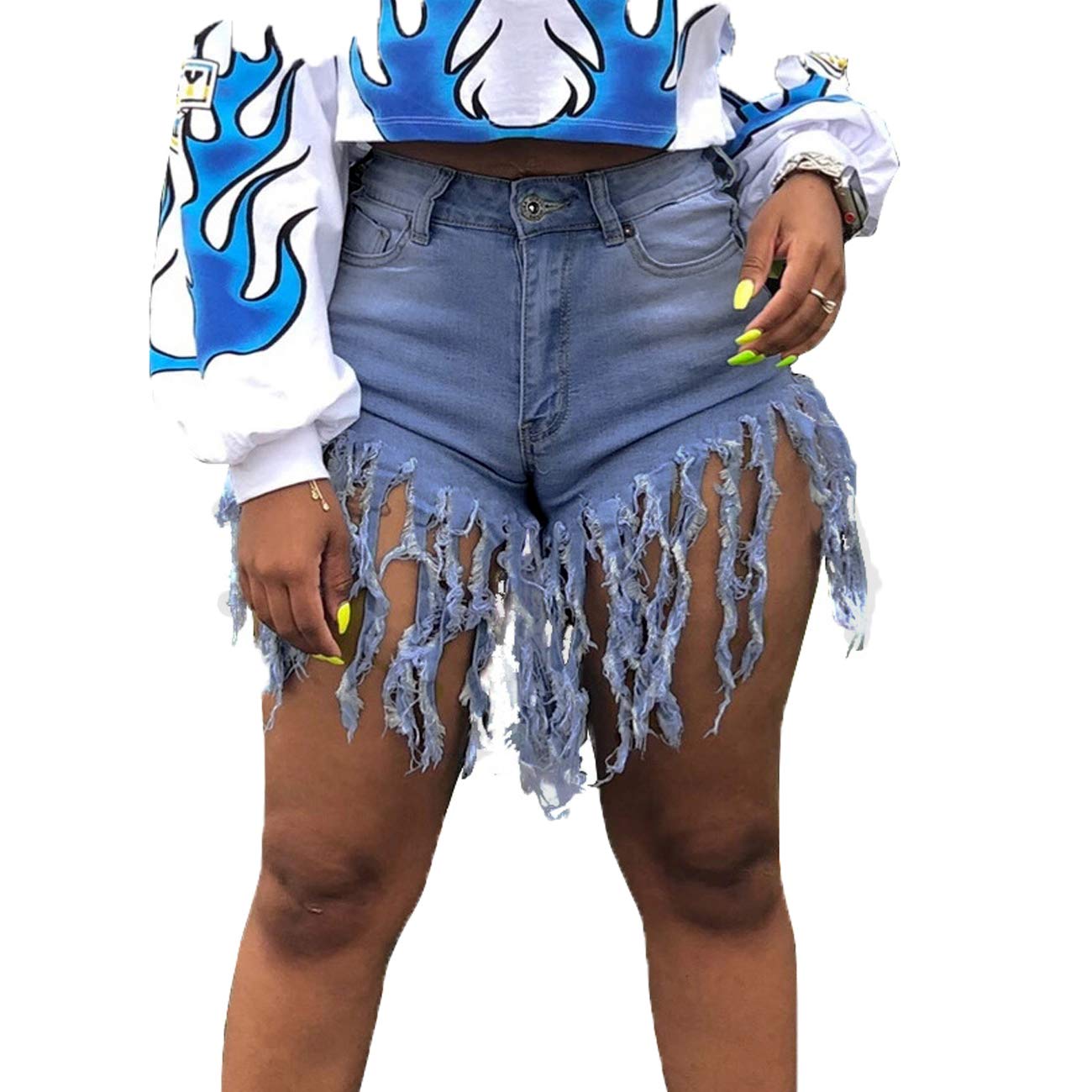 Weigou Women Denim Shorts High Waisted Tassels Summer Stretchy Frayed Raw Hem Short Jeans Clubwear Jeans Short