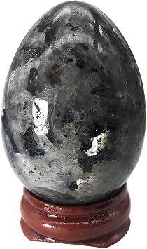 Fekuar Stone Egg Figurine, Polished Healing Crystal Easter Eggs Sphere Sculpture with Wood Stand, Natural Black Labradorite, 1.8"