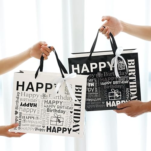 Miniatura 5 de Moretoes Paquete de 2 bolsas de regalo grandes blancas y negras con tarjeta y papel de seda, bolsas de regalo de feliz cumpleaños para hombres y