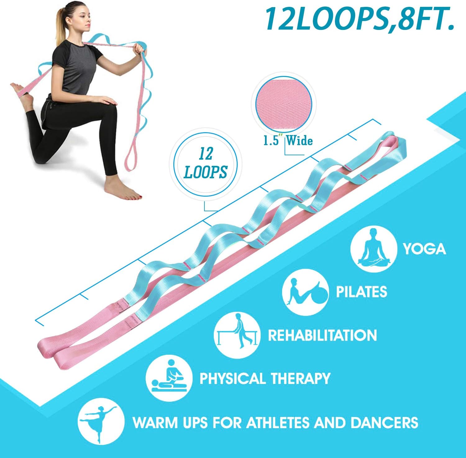 Onory Yoga Strap Stretch Straps for Physical Therapy Pilates Stretching Exercise Bands Non-Elastic Multi Loops (Pink+Blue)