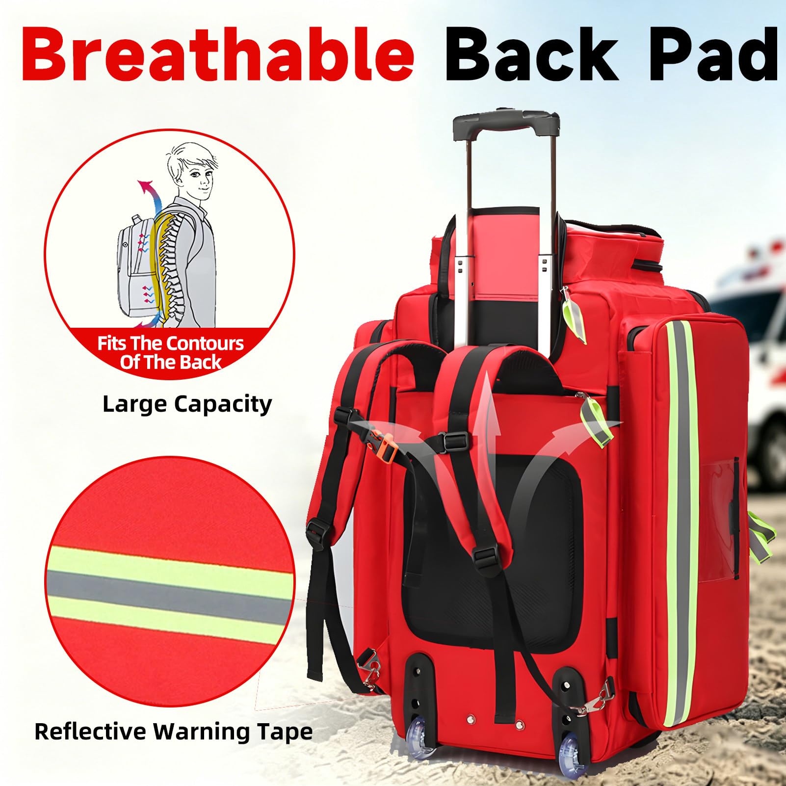 Mochila médica de Emergencia con Ruedas, Bolsa de Trauma de Gran Capacidad para Personal de Respuesta, con Elementos Reflectantes, para Instrumentos, Dispositivos y Accesorios médicos. Red
