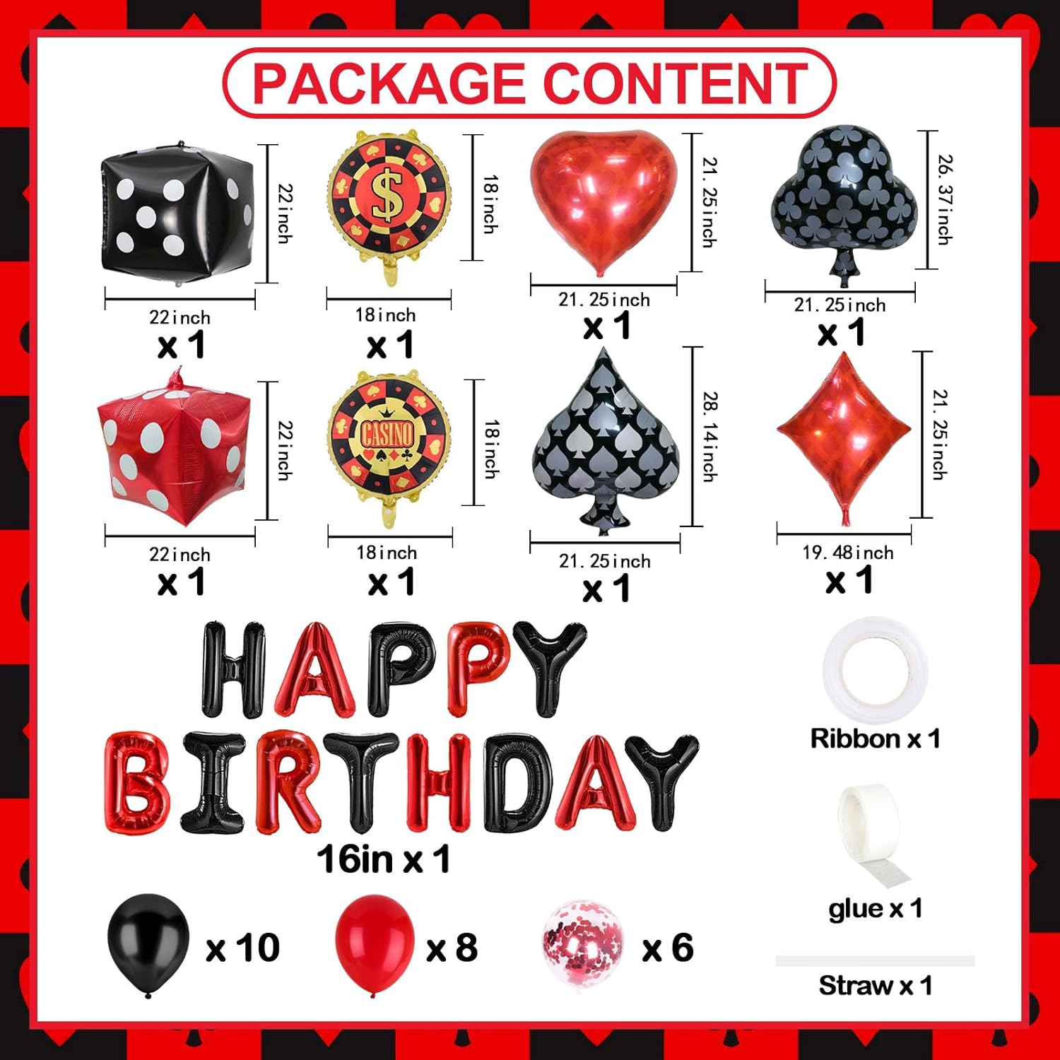 Casino Theme Party Decorations Las Vegas Poker Night Birthday Decorations Set, Aluminium Foil Happy Birthday Banner, Dice, Chips, Poker Signs, Latex Balloons - Image 4