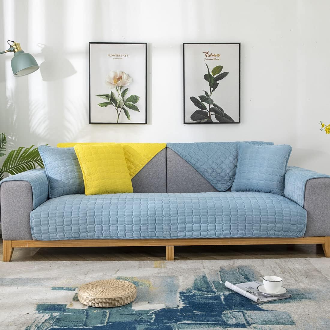 vctops Soft Corduroy Plaid Sectional Couch Covers Non Slip Quilted Sofa Couch Covers Sofa Slipcover for Dogs Cats Pet Love Seat Recliner Leather L Shaped, Armrest Backrest Cover(Sky Blue,43"x94")