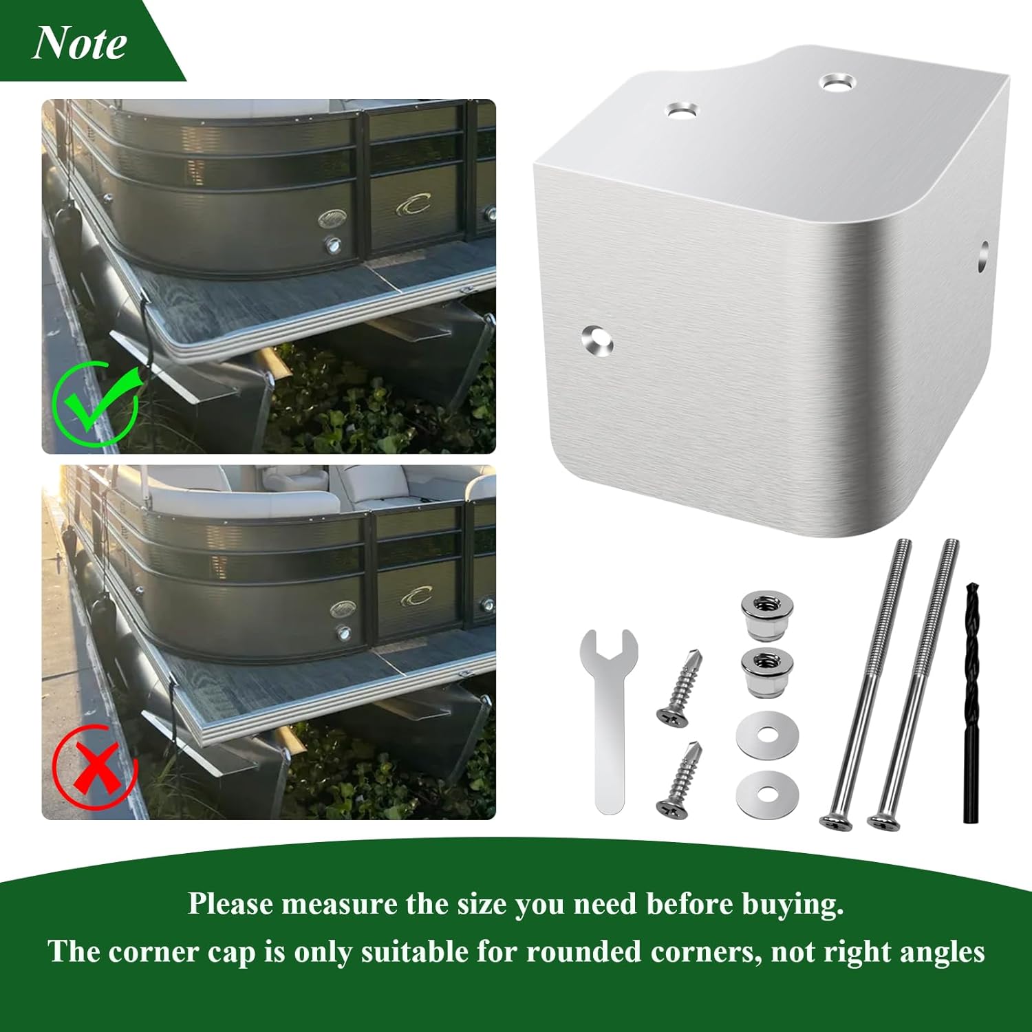 2 Pcs 3.5''x3.5'' Marine Grade 90 Degree Rounded Angle 316 Stainless Steel Pontoon Corner Caps, Fit for Pontoon Boats, Marina Walkways, Water Platforms, W/Screws, Nuts, Spacers, Spanner,Drill