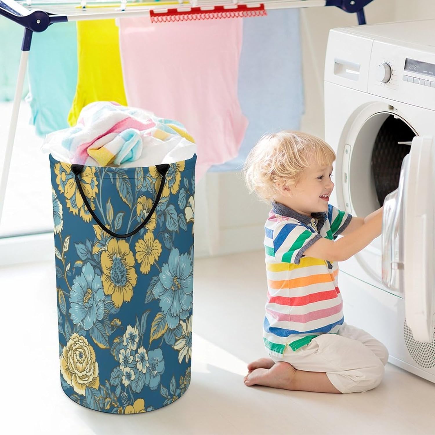 Blue And Yellow Flowers Laundry Hamper Fashion Dirty Laundry Hamper Portable Laundry Hampers with Handles Lightweight Large Clothes Storage Basket for Bedroom Bathroom