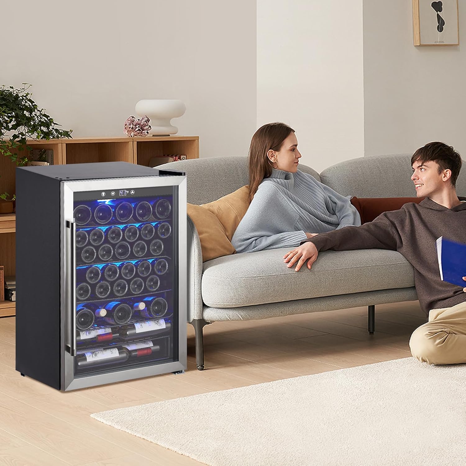 Garvee Wine Fridge 36 Bottle, Wine Cooler Refrigerator with 40~61°F Digital Temperature Control, Wine Refrigerator Freestanding for Red White Wine, Champagne, Beer with Blue Interior Light