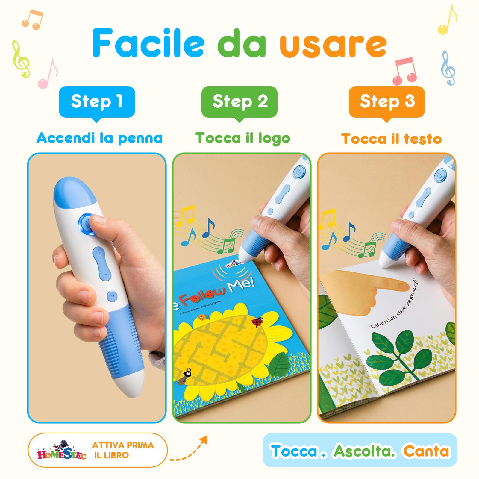 Penna educativa interattiva con 10 libri di canzoni inglesi, penna per bambini da 2 a 5 anni, giocattolo educativo audio, promuovere la voce, ricaricabile (USB-C)