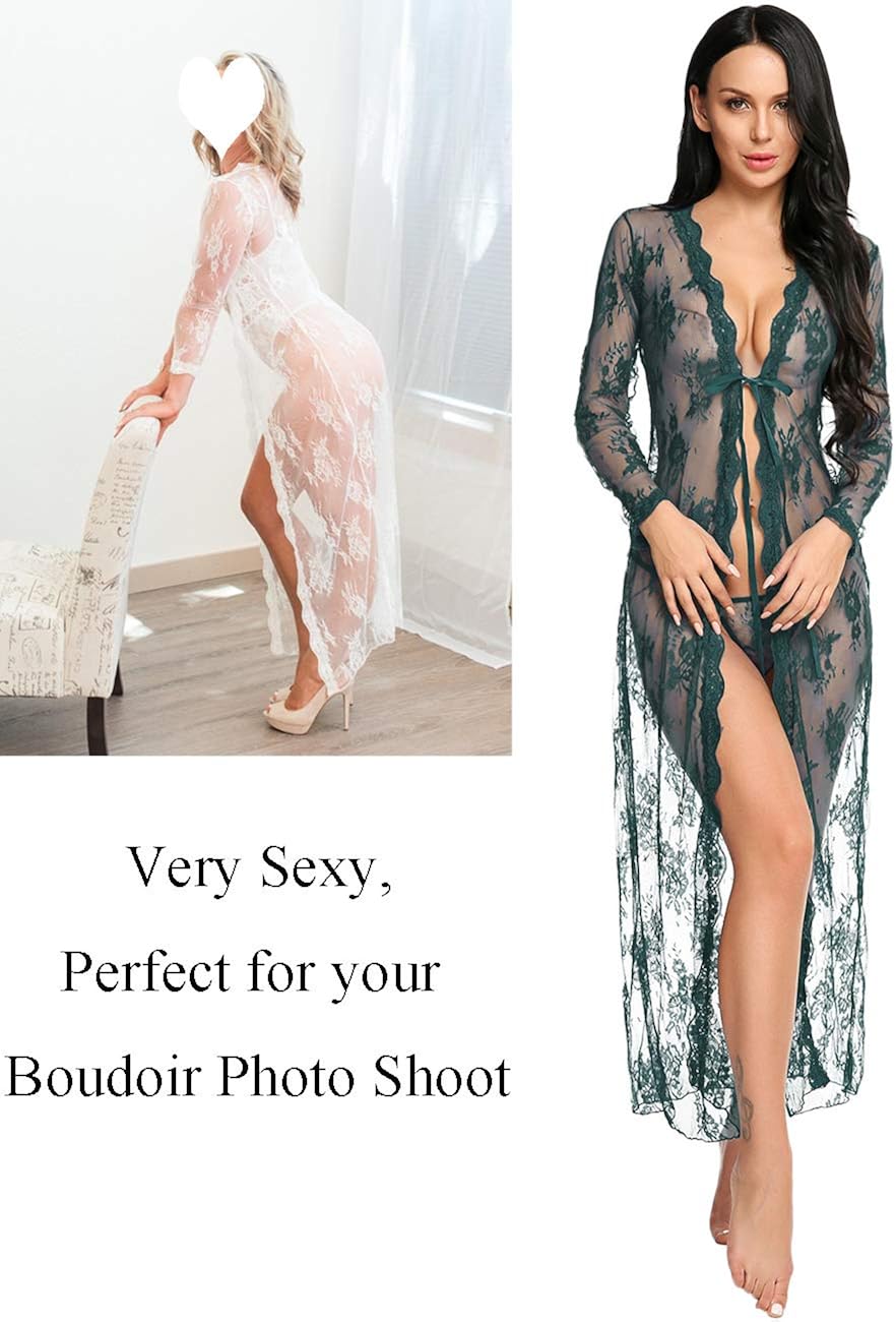 Long Lingerie Robe for Women See Through Dress Lace Gown Open Sheer Mesh Kimono: Clothing, Shoes & Jewelry
