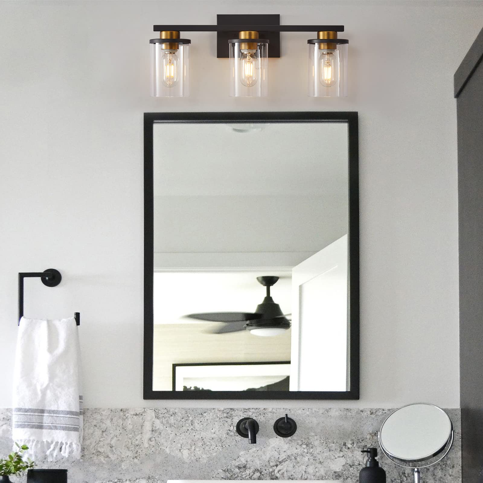 stambord Bathroom Vanity Light 3 Light, Black and Gold Bathroom Light Fixture with Clear Glass Shade and Matte Black Metal Base, Brushed Gold Vanity Lights for Bathroom, Living Room