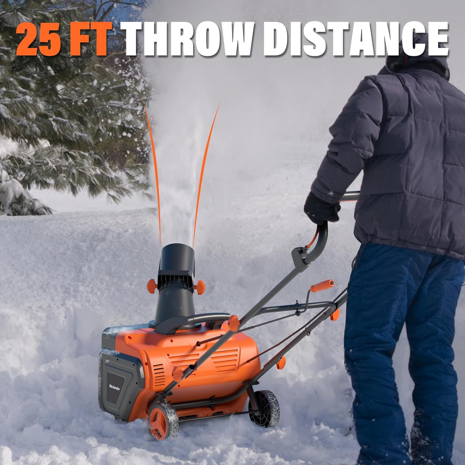Snow Blower in operation, showing 25 ft throw distance