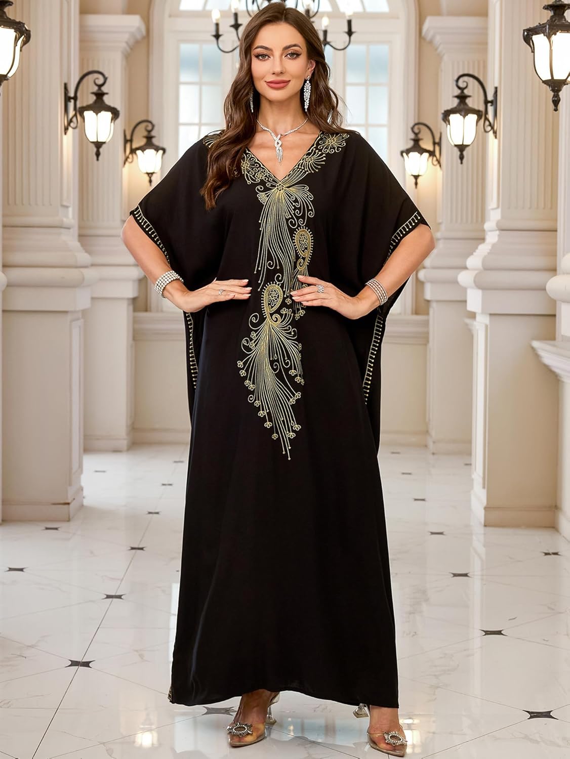 Women V Neck Embroidery Kaftan Dress Loose Casual Beach Cover Up Long Caftans Maxi Dresses - Image 7