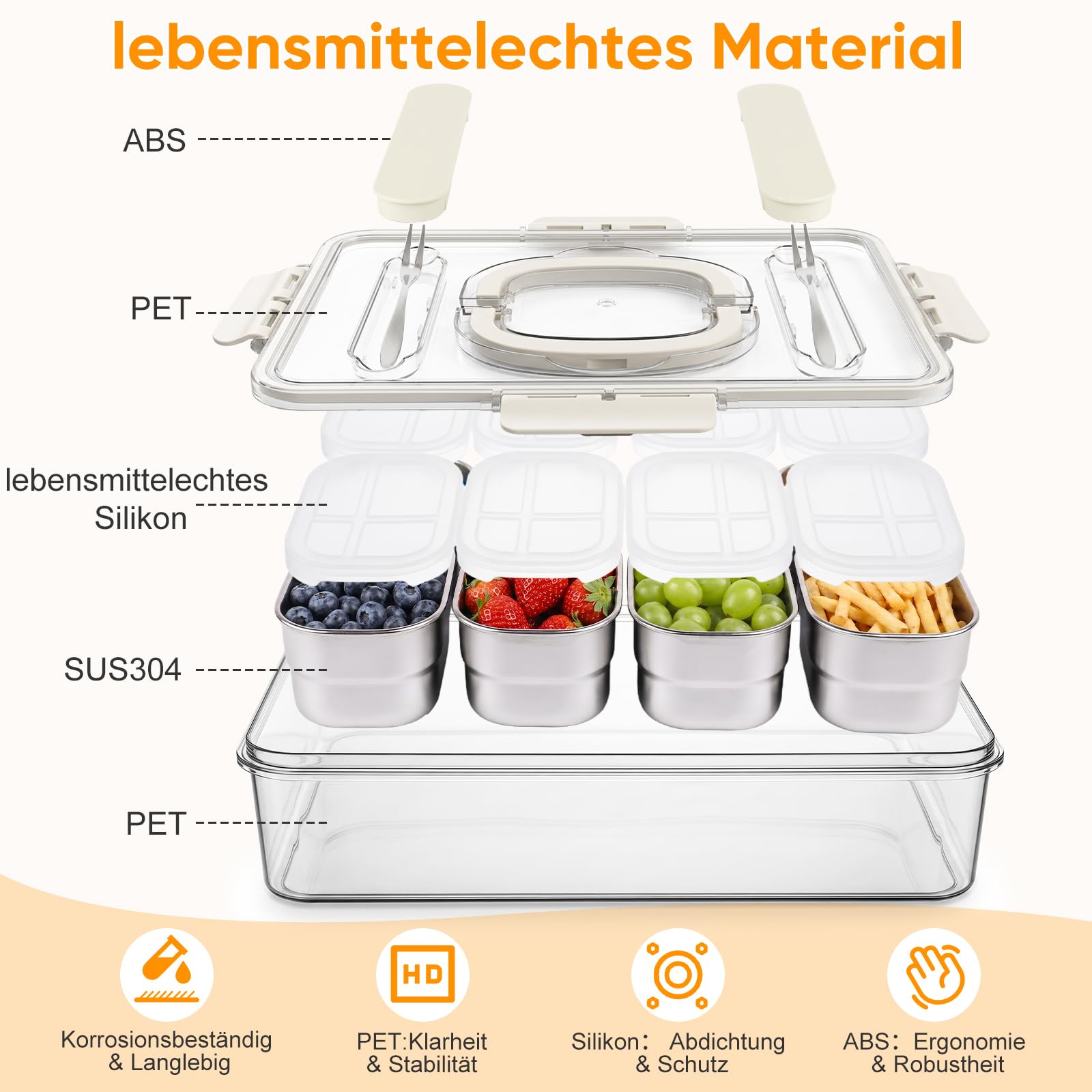 Edelstahl Snackbox mit 8 Fächern – Tragbare Box mit Deckel & Griff, auslaufsicher, luftdicht, spülmaschinenfest – für Snacks, Süßes, Kekse, Gemüse, Nüsse, Obst & Gewürze – Ideal für Picknick & Reise