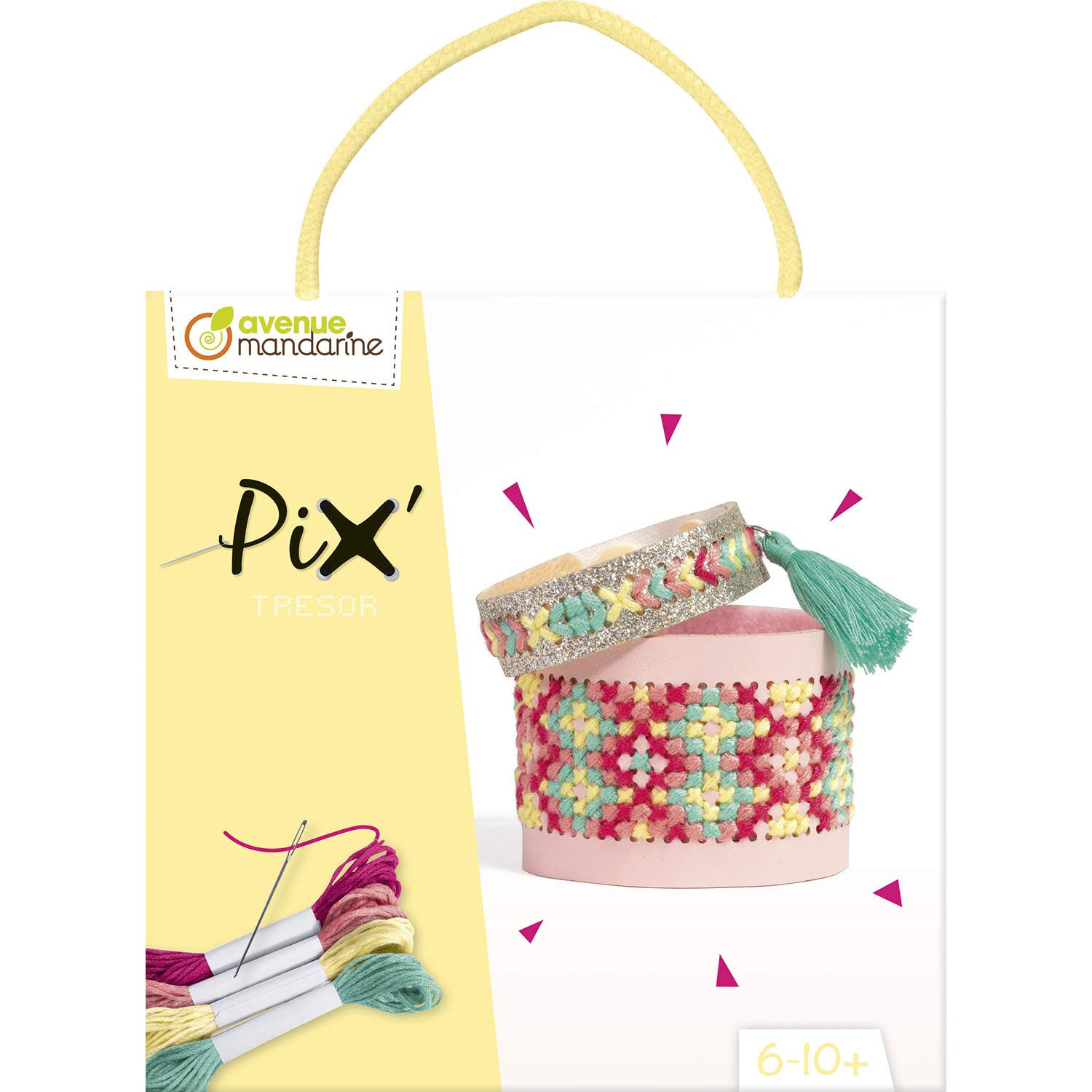 Avenue Mandarine - Ref KC130C - Creative Box - Pix Tresor All-In-One Cross Stitch - Yellow - 2 Bracelets to Make, Full Instructions Supplied, Suitable for Ages 6-10+