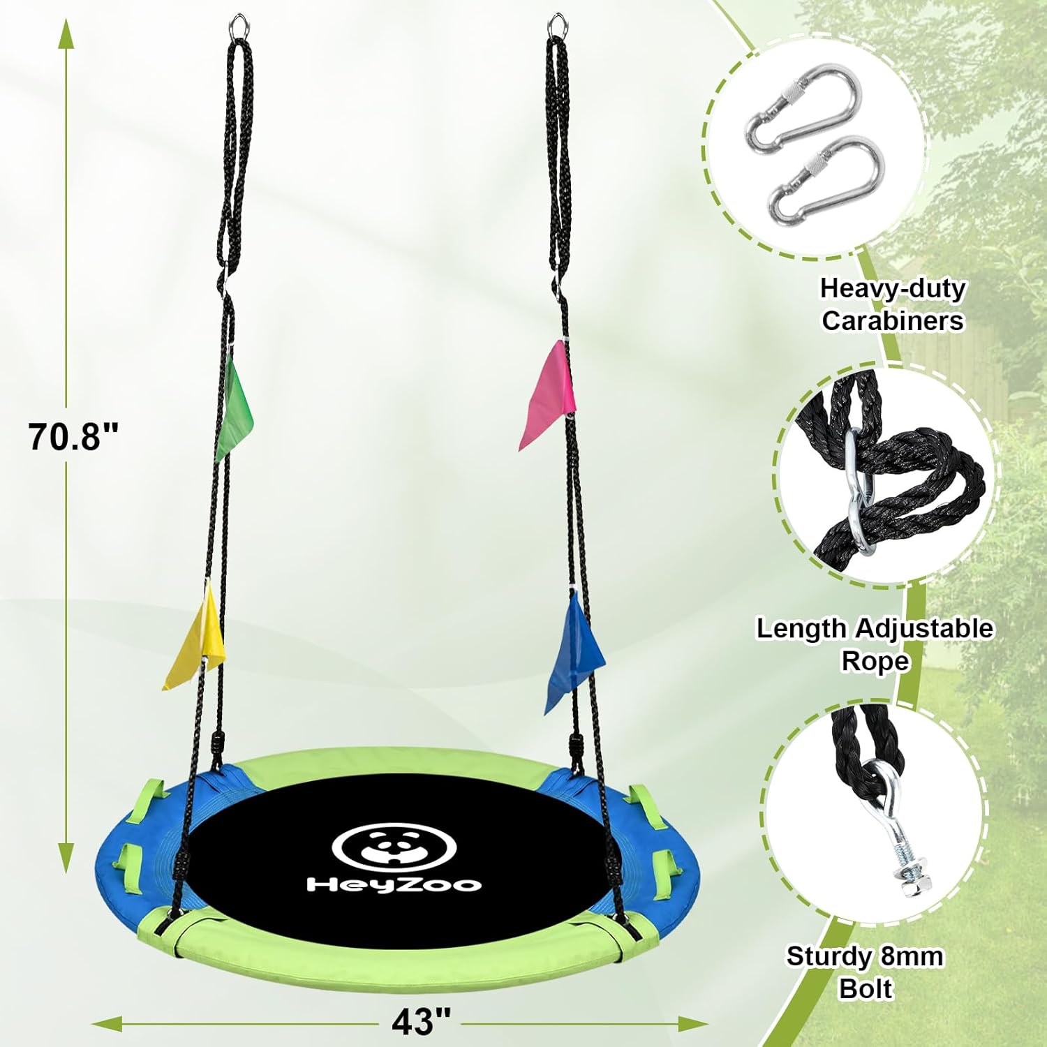 43 Inch Tree Swing, 900lbs Weight Capacity Saucer Swing Sets for Kids & Adults, with 360 Degree Swivel and Adjustable Hanging Strap, Green and Blue