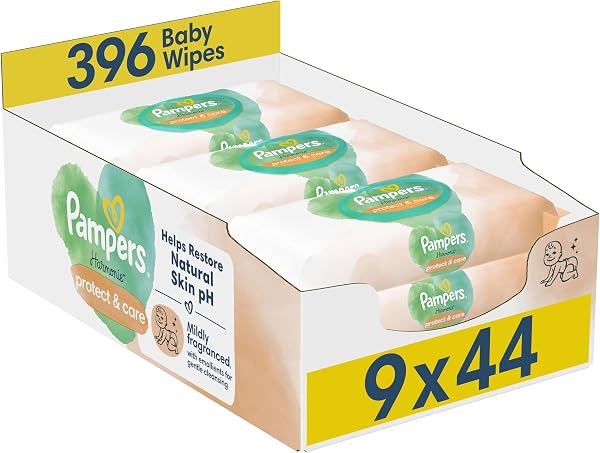 Pampers Harmonie Protect & Care Baby Wipes Plastic Free 9 Packs of 44 Wipes = 396 Baby Wet Wipes, Help restore natural skin pH - 1