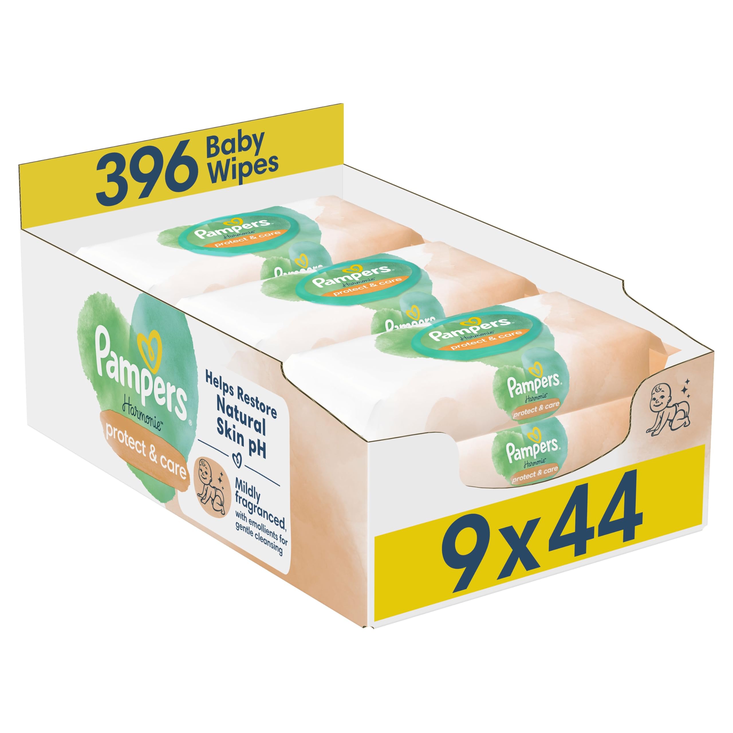 Pampers Harmonie Protect & Care Baby Wipes Plastic Free 9 Packs of 44 Wipes = 396 Baby Wet Wipes, Help restore natural skin pH - 1