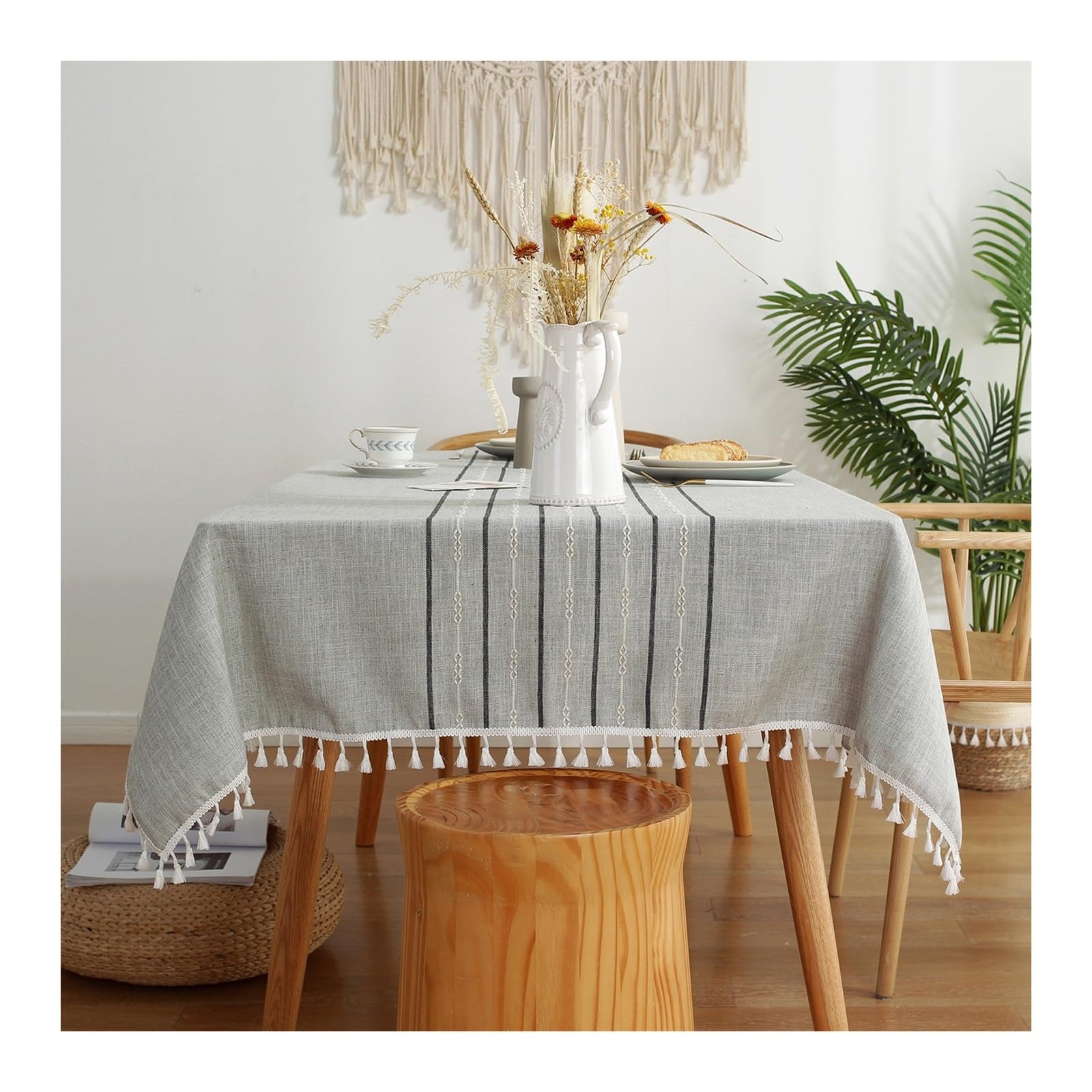 Zmywalny obrus w paski, szary, 140 x 180 cm, Tablecloth o wyglądzie lnu, prosty, prostokątny, stół kempingowy