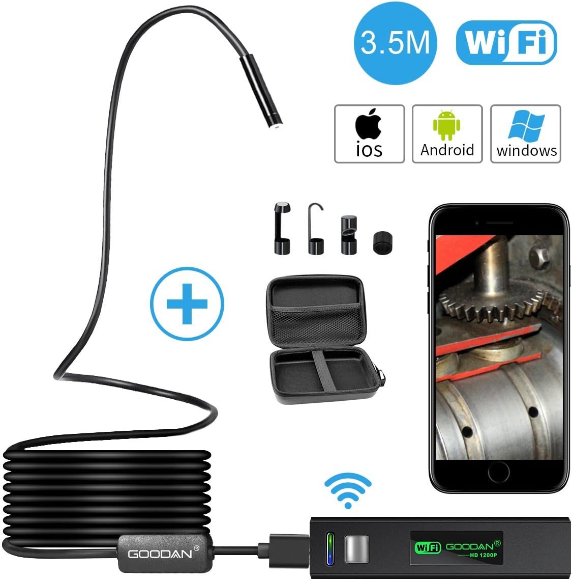 Wireless Endoscope, GOODAN Updated 1200P HD Wireless Borescope Wifi Inspection Camera With 2.0 Megapixels For Iphone and Android Smartphone, Table, Ipad, PC - Black (11.5FT) - Include Carrying Case