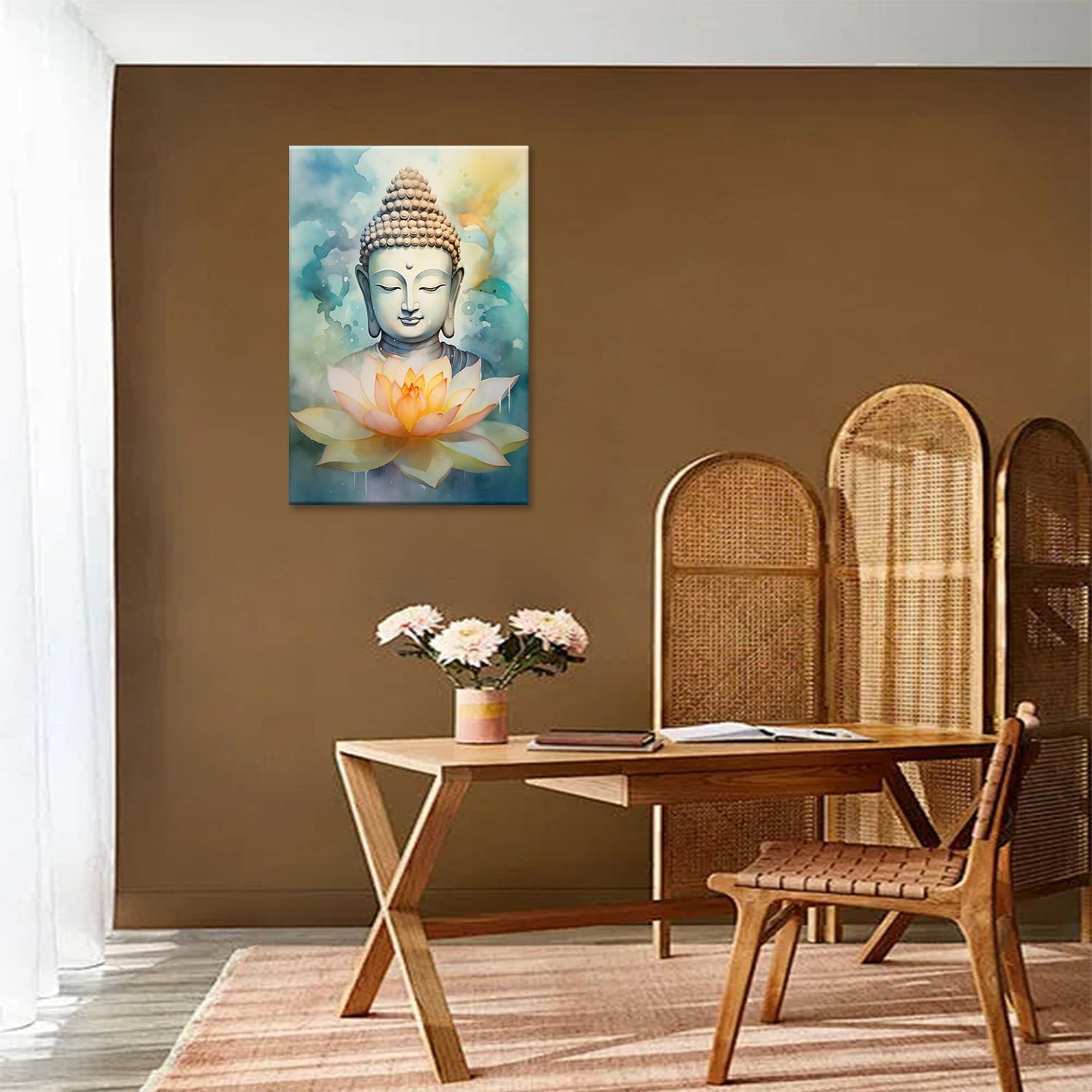MODOJOART Buddha Canvas Wall Art, Buddha Statue and Lotus Watercolor Painting Poster Inspirational Buddha Zen Picture Print for Buddhist Meditation Room Yoga Room Decor(Artwork-02, 12"x18")