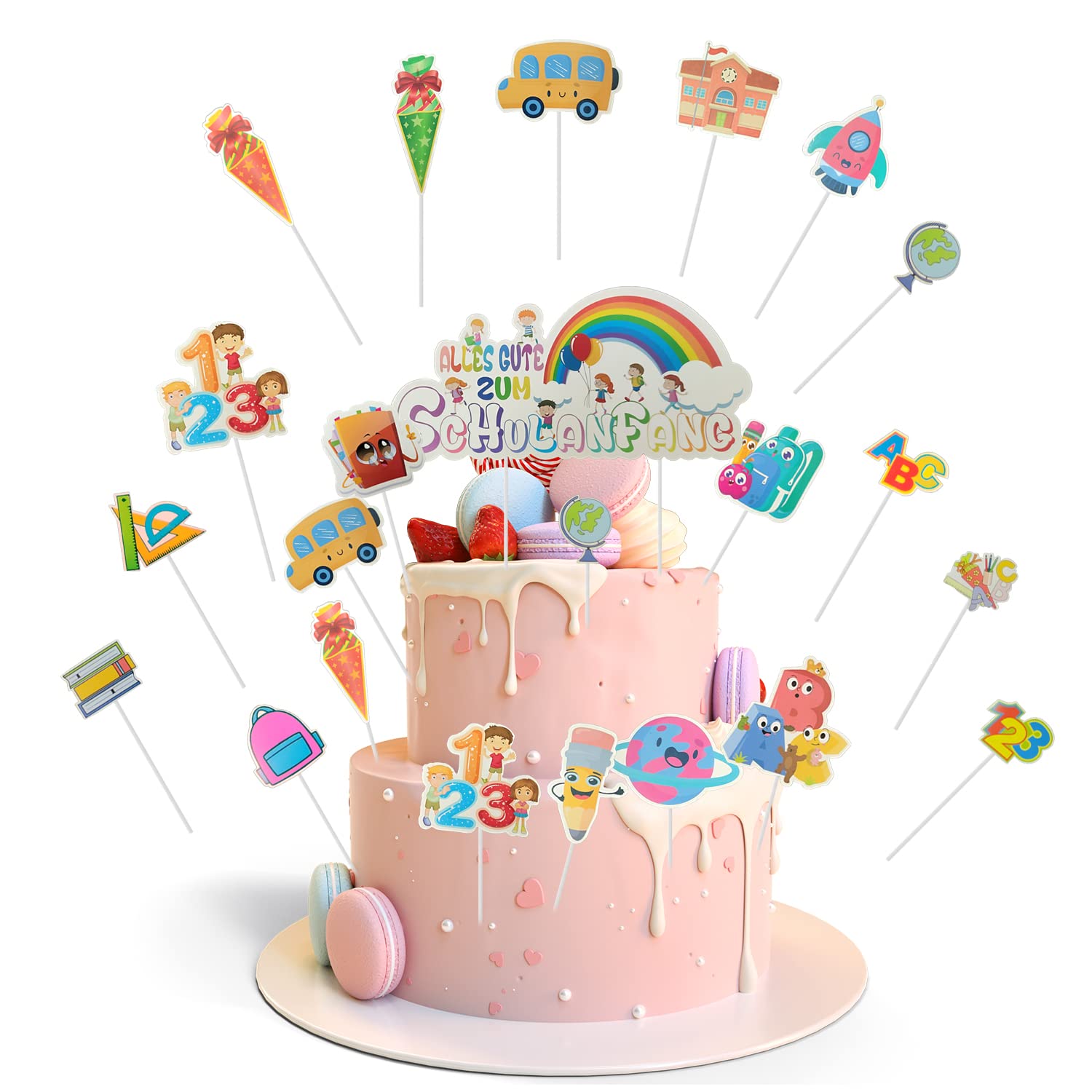 28 Back to School Cake Toppers Rainbow Colorful Balloons ABC School Bag Book Decoration Inserts Fudge Muffin Toppers School Party Decorations Boys Girls