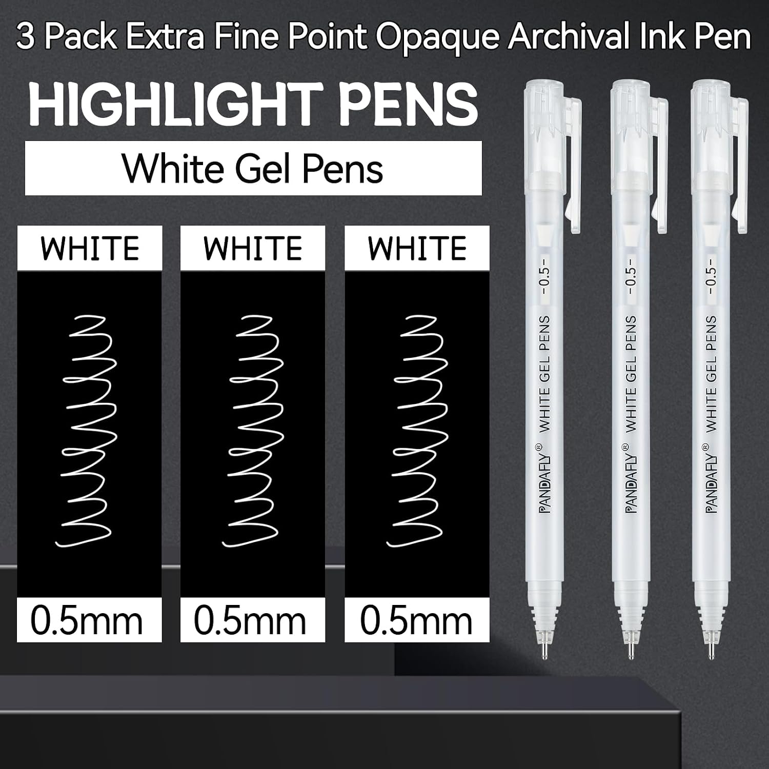 PANDAFLY White Gel Pens, 3-Pack, 0.5mm Fine Point Opaque Gel Ink Pens image 2
