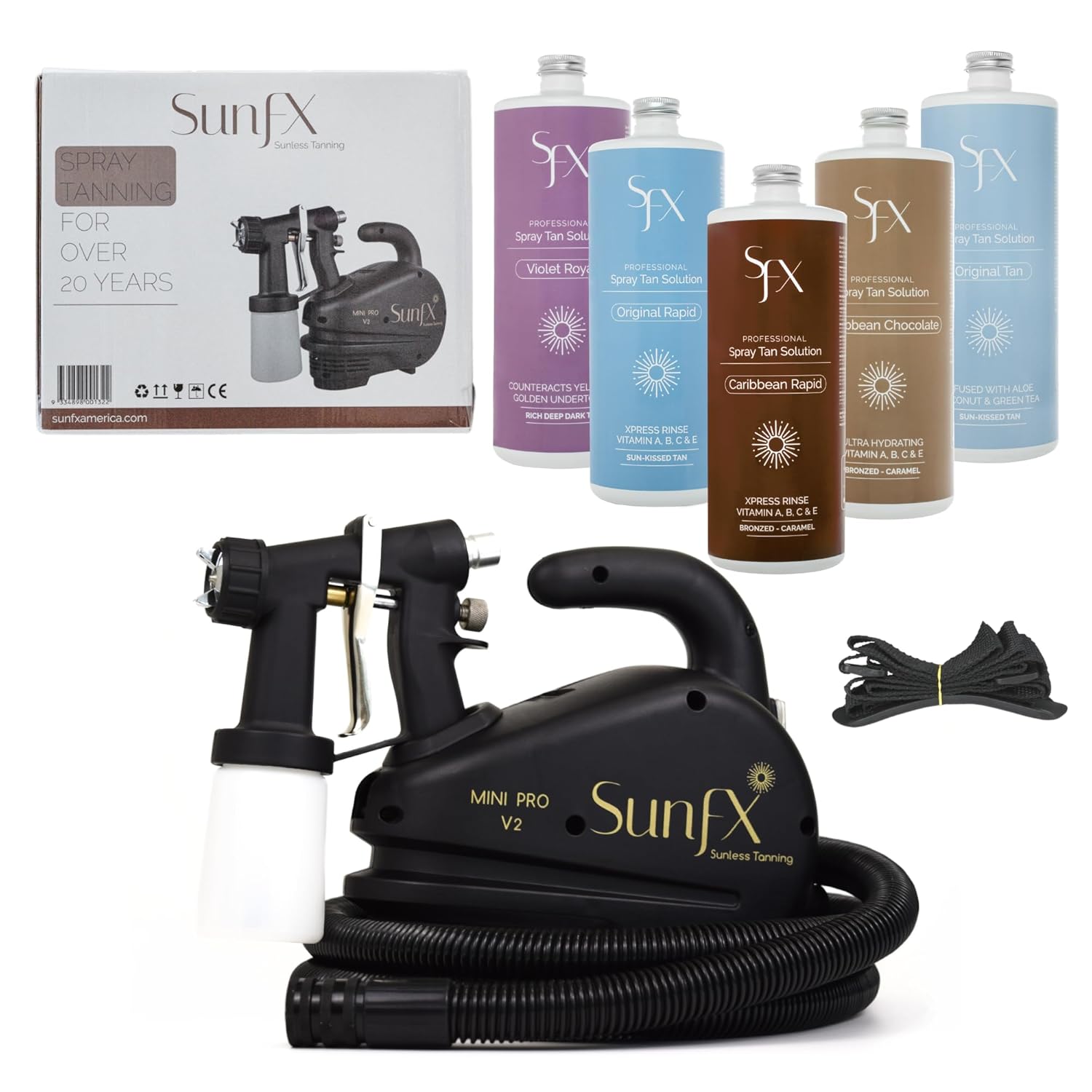 SunFX Professional Spray Tan HVLP Sunless Tanning System | Pro Mini V2 Tanning Machine Airbrush | Mobile or Salon Use | Solution Pack | Accessories