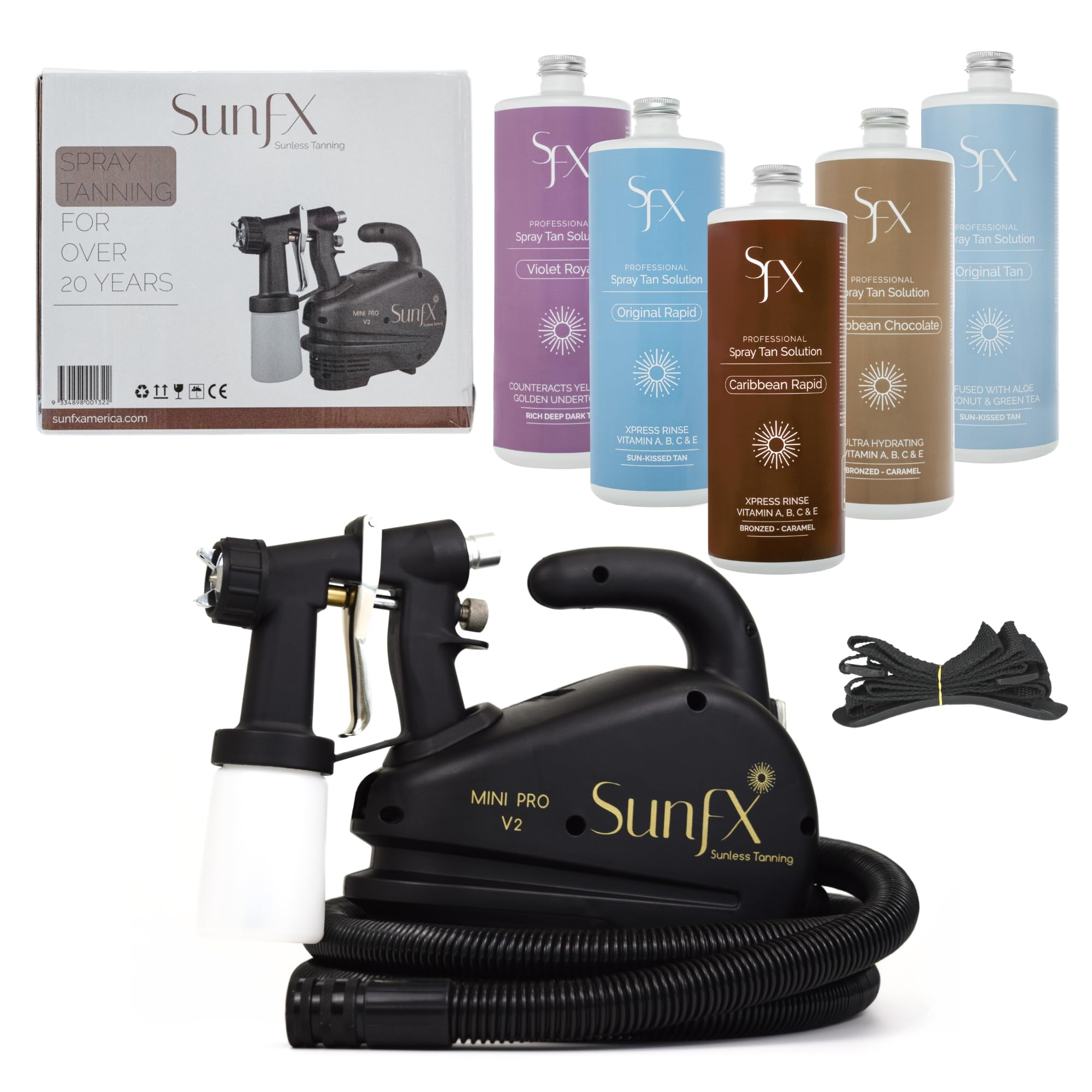 SunFXProfessional Spray Tan HVLP Sunless Tanning System | Pro Mini V2 Tanning Machine Airbrush | Mobile or Salon Use | Solution Pack | Accessories