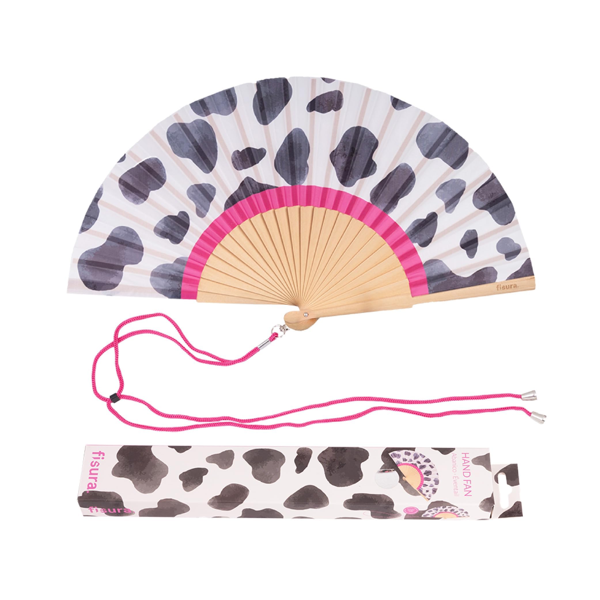 Fisura – Original Folding Fan with Cow Print, Modern and Colourful Folding Handheld Fan, Black & White Design for Wedding, Rave, Festival -Includes Strap. Size: 42.5 x 23 cm — image 1