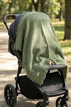 HAMUR 4 Katlı Müslin Bebek Pikesi%100 Pamuk 85x100 cm Yenidoğan Bebek Arabası Puset Örtüsü Battaniye Yeşil