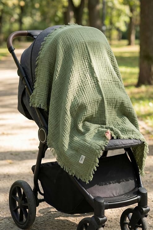 HAMUR 4 Katlı Müslin Bebek Pikesi%100 Pamuk 85x100 cm Yenidoğan Bebek Arabası Puset Örtüsü Battaniye Yeşil