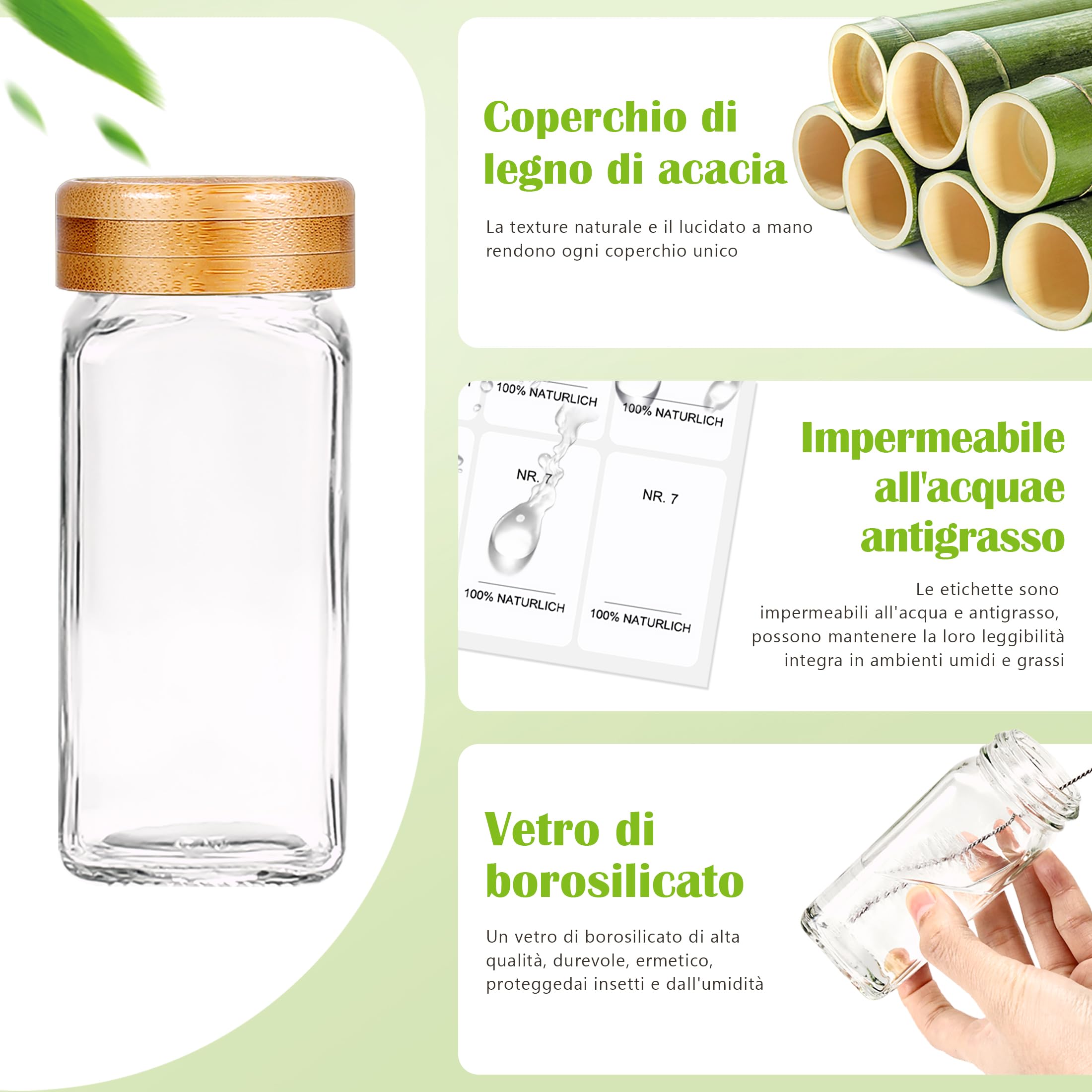 SAEIV Barattoli Spezie Quadrati 12x120ml Barattoli Vetro con Coperchio Bambù Naturale, Barattoli Spezie con 40 Etichette Bianche/Nere, 2 Tipi di Coperchi Spruzzatura, Imbuto Acciaio Inox e Pennarelli