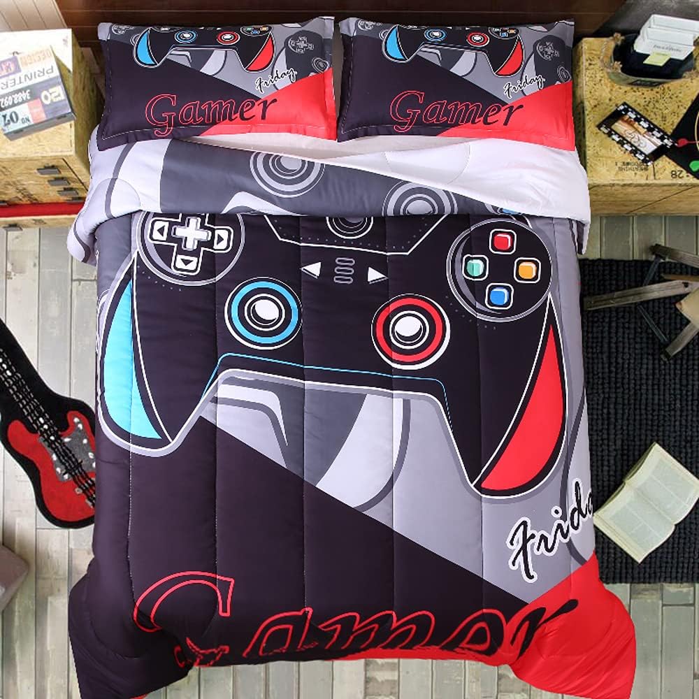 Gaming Comforter Modern Gamepad Bedding Set Video Game Gamepad Comforter Set for Teens Boys with 1 Comforter (68"*90") and 2 Pillowcases(Twin, Game color2)