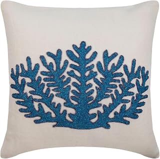 The HomeCentric Linen Decorative Throw Pillow Cover Accent Pillow Couch Pillow Case, Ivory Blue Bead Embroidered Pillow Cover, Ivory Pillow Cover 18x18 inch (45x45 cm), Beach - Blue Coral Treasure