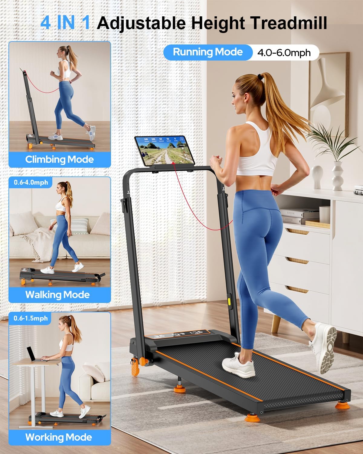 Walking Pad Treadmill with 15% Incline/Adjustable Height, Upgraded 3.5HP Walking Pad with Handle Bar, 4 in 1 Foldable Under Desk Treadmill, Electric Portable Treadmills for Home 350LBS, LED Display - Image 8