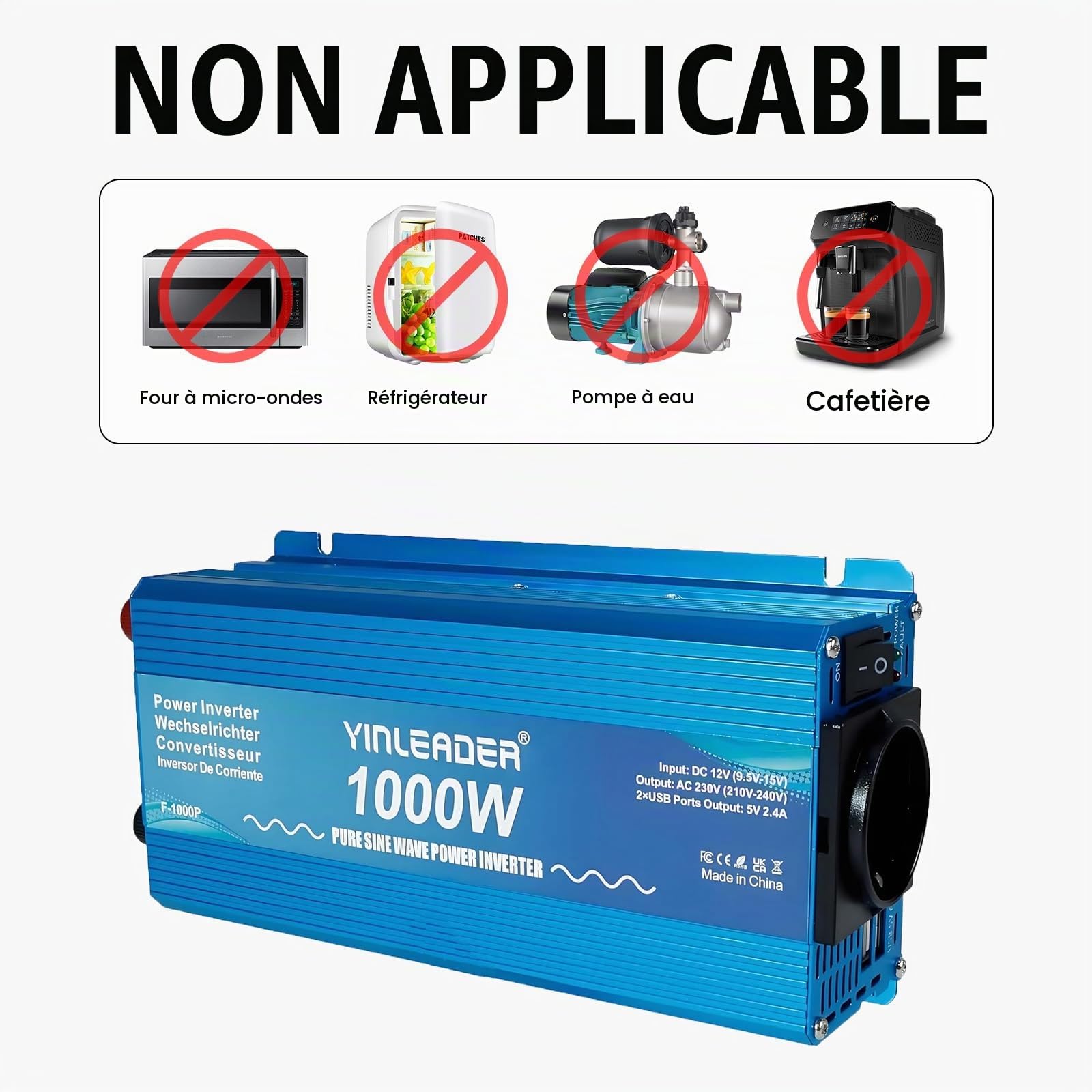 Yinleader Convertisseur 1000W 12V 230V Onduleur Pur Sinus 12V 220V Convertisseur de Tension Power Inverter 2 Ports USB Prises AC pour Voiture Camping