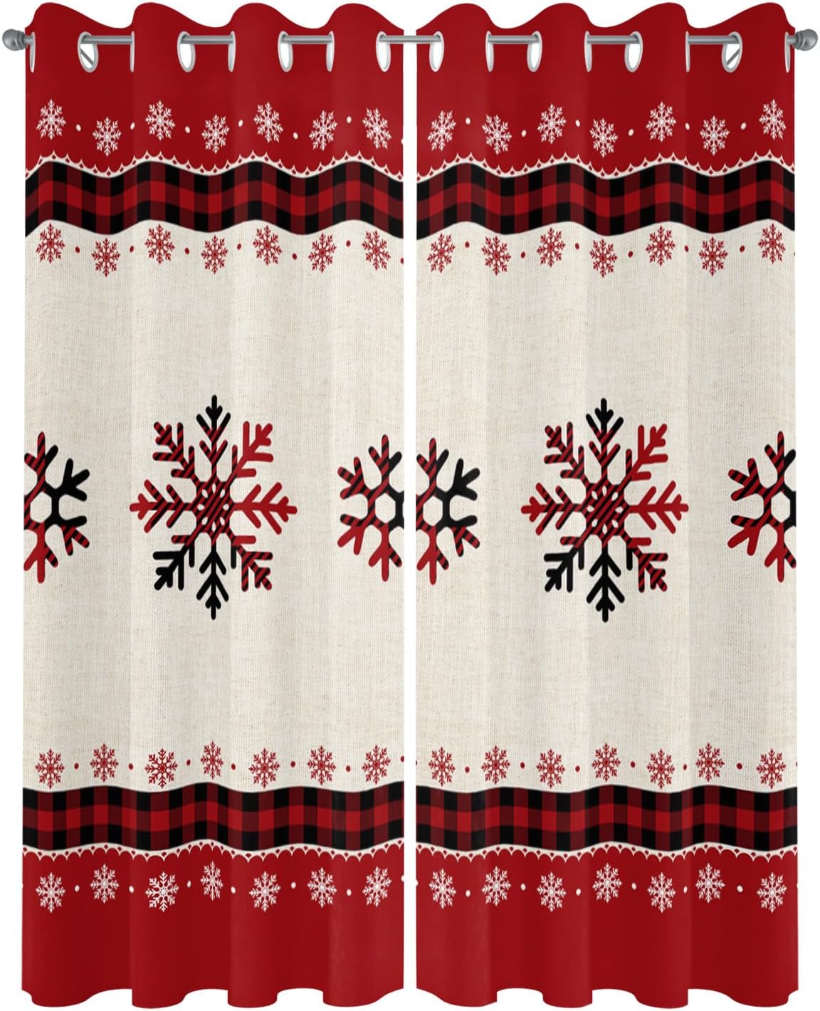 Indoor Outdoor Curtains for Patio Christmas Snowflake Red and Black Buffalo Plaid Outside Curtains Waterproof Grommet Privacy Drapes Light Filter Curtain for Porch Pergola Gazebo 52"Wx84"L 2 Panels