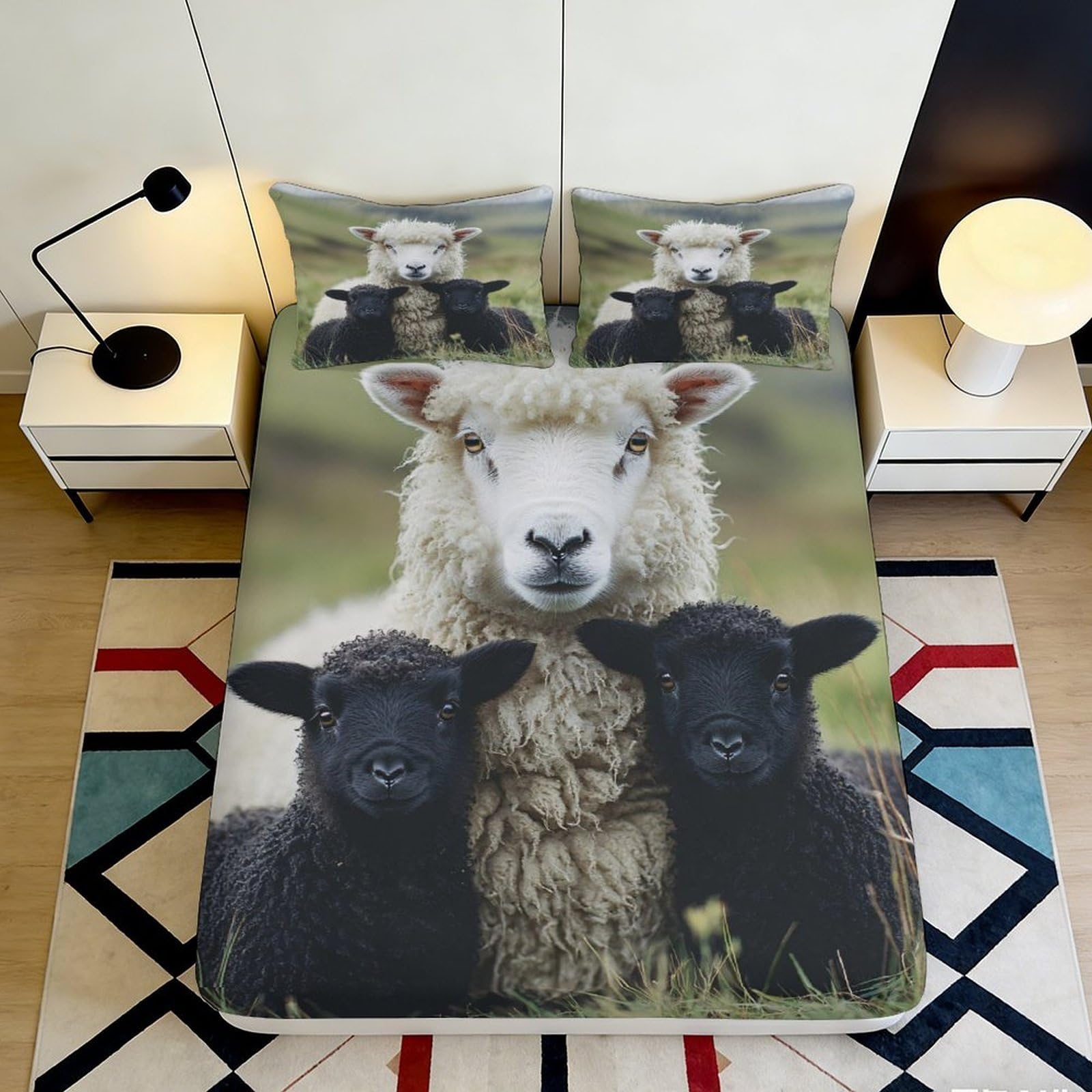 3D Printed Sheep Pasture Fitted Sheet Microfiber Soft Breathable Lamb Farm Bed Cover for Bedroom Guest Room Decor 90x200x25cm