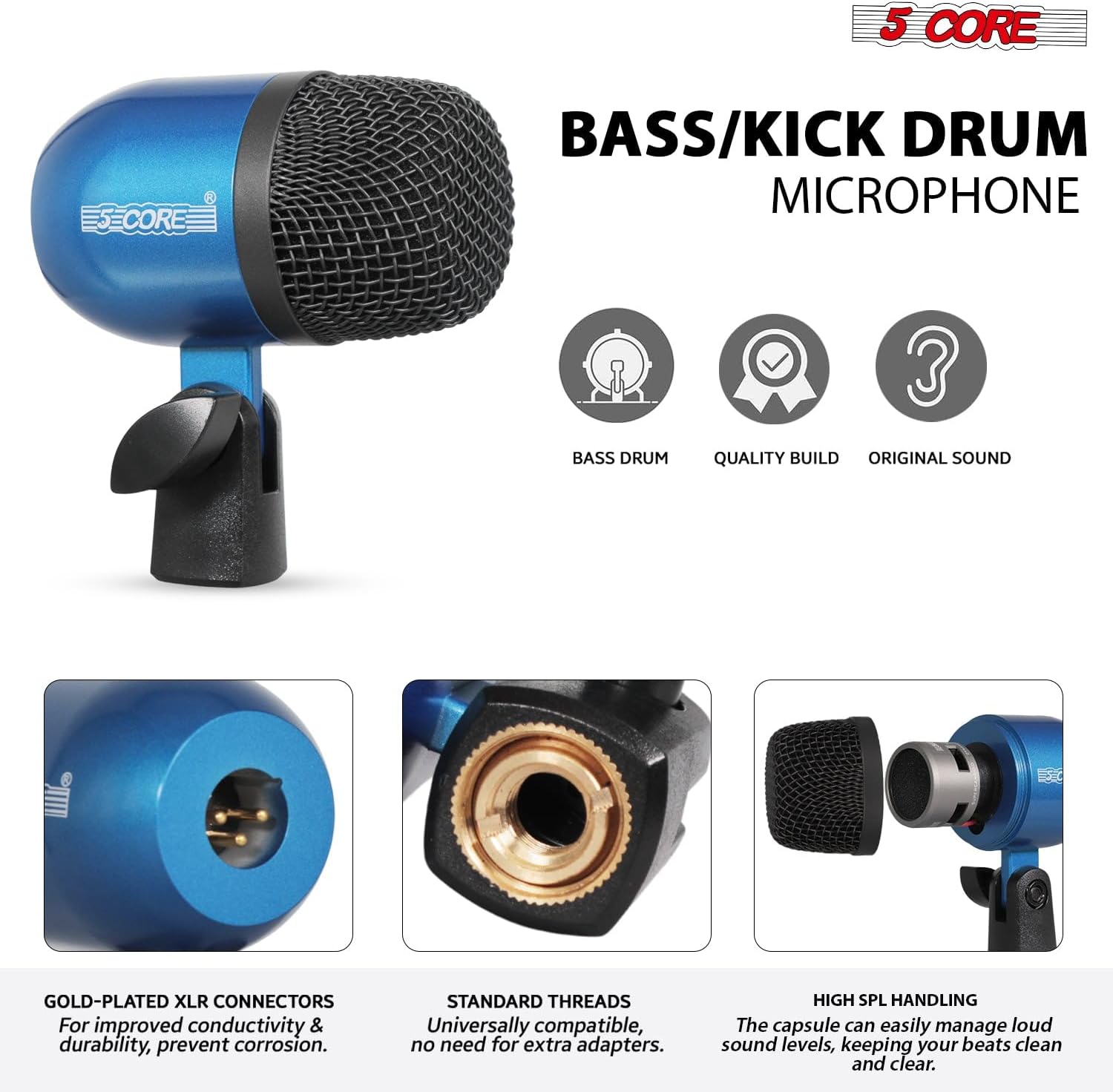 5 CORE Drum Microphone Kit 7 Piece All Metal Drummer Mics Tom/Snare & Cymbals Professional Wired Instrument Drums Set Microfonos Blue - DM E7 BLU