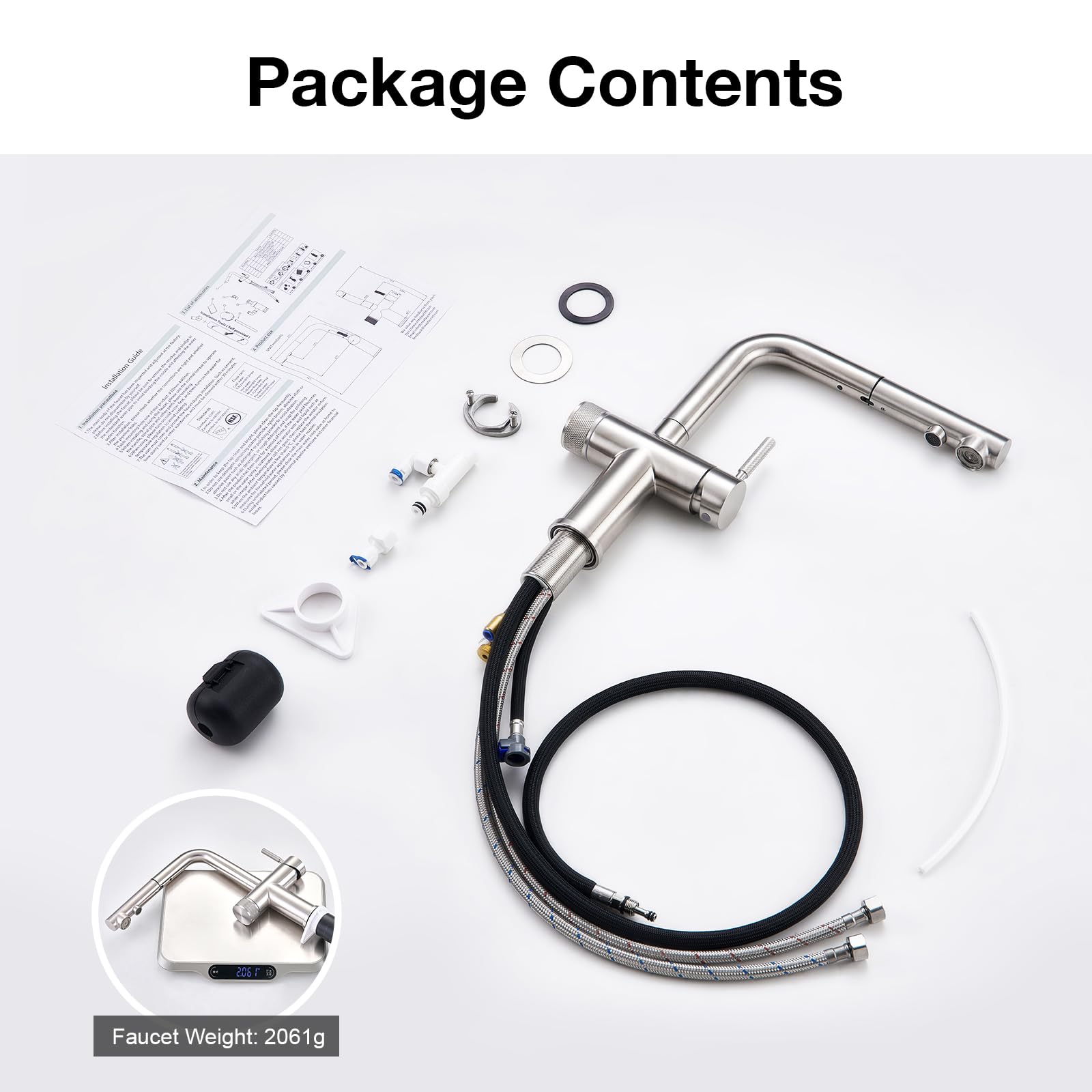 Faustina Robinet de cuisine à 3 voies, Robinet d'évier de cuisine avec pulvérisateur extractible à double poignée, Robinet de cuisine à levier à ressort, Filtre à eau 3 en 1, Robinet rotatif à 360° en
