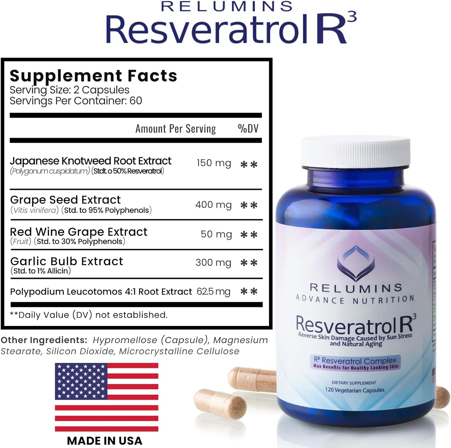 Relumins Resveratrol 600mg Supplement – High-Potency Antioxidant with Grape Seed & Red Wine Extract – Supports Skin, Heart Health & Immune System – 120 Vegan Capsules x 3 Bottles