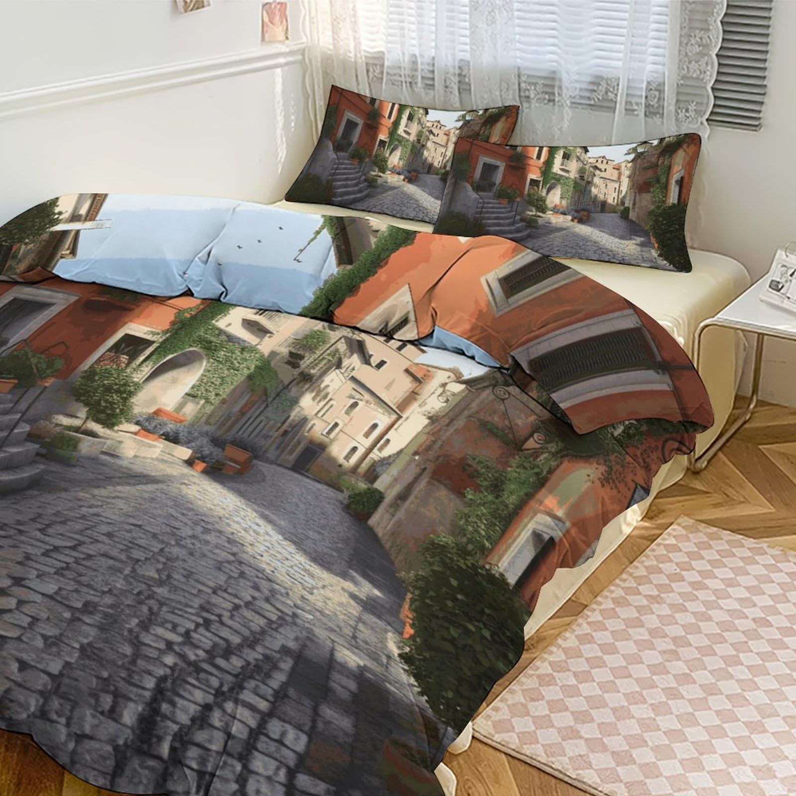 Couette pour grand lit motif Italie et parure de lit 3 pièces