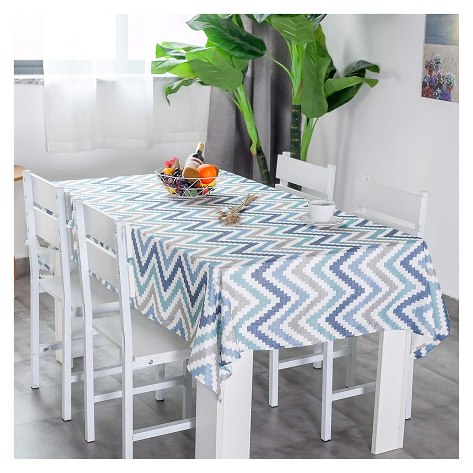 Nappe motif de vague en coton lin bleu gris 140x230 cm pour table rectangulaire moderne