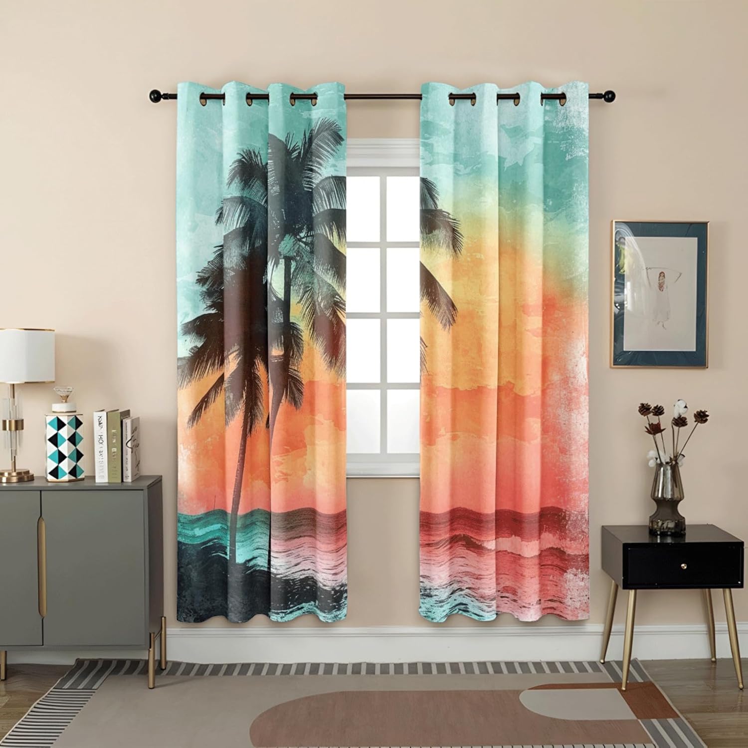 Blackout Curtains Orange Retro Green Living Room for Bedroom Polyester Washable Thermal Insulated Noise Reducing with Eyelets Door Curtain 2 Panels 2x75x166 cm(2 x 43.31 x 84.65 inch)