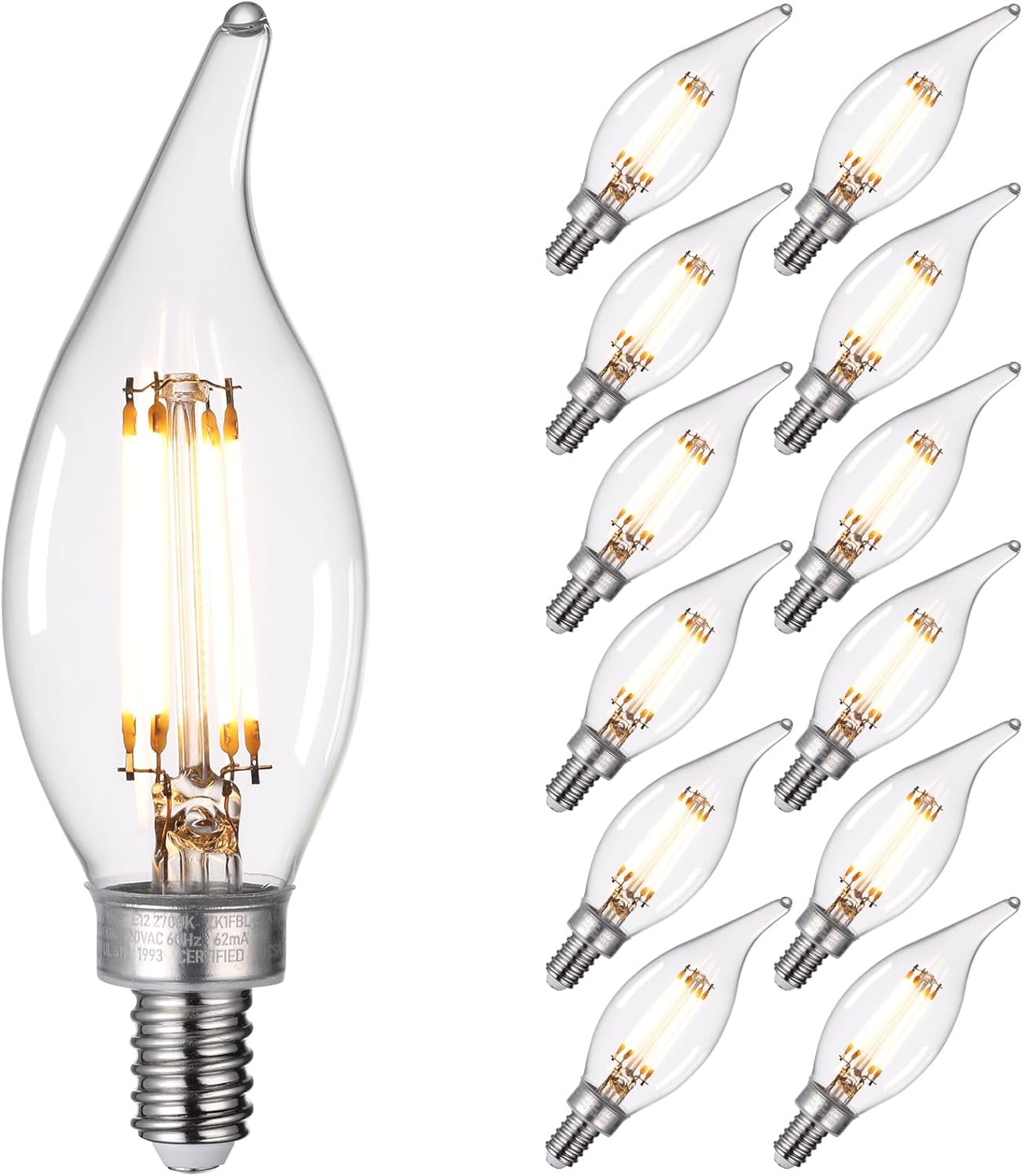 TORCHSTAR 12-Pack Dimmable E12 LED Candelabra Bulb, FCC&ETL Listed, 60W Equivalent Chandelier Light Bulbs, 500LM, LED Filament Flame Tip Bulb CA11, Clear Glass Ceiling Fan Light Bulb, 2700K Soft White