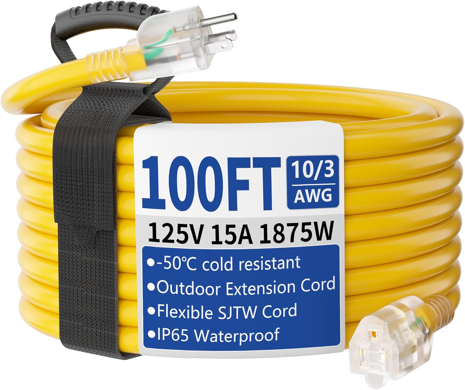 50ft Outdoor/Indoor Extension Cord with Lighted 10/3 Gauge Ultra 3 Prong Heavy Duty SJTW, Waterproof, Flexible Cold-Resistant,15A 125V 1875W, Yellow