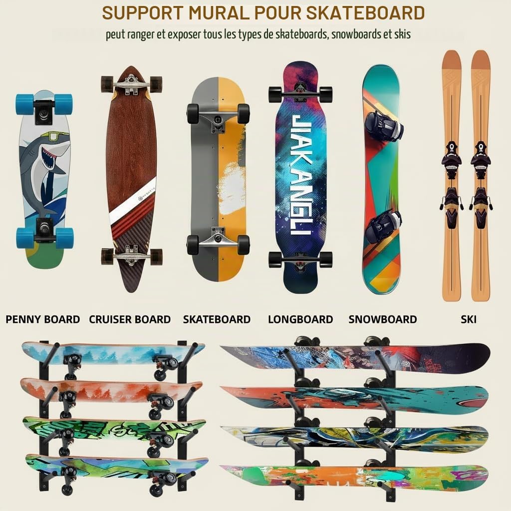 Support mural pour skateboard, planche à neige, skis et longboard - BiJun