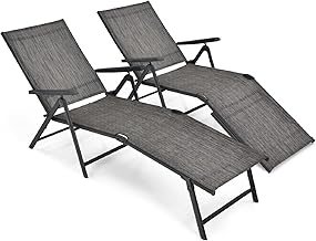 Multigot Folding Sun Lounger Set of 2, 5-Positions Adjustable Reclining Chaise Lounge Chair with 2-Level Footrest & Armrests, Steel Frame Outdoor Sunbed Deck Chair for Poolside Beach Camping (Gray)