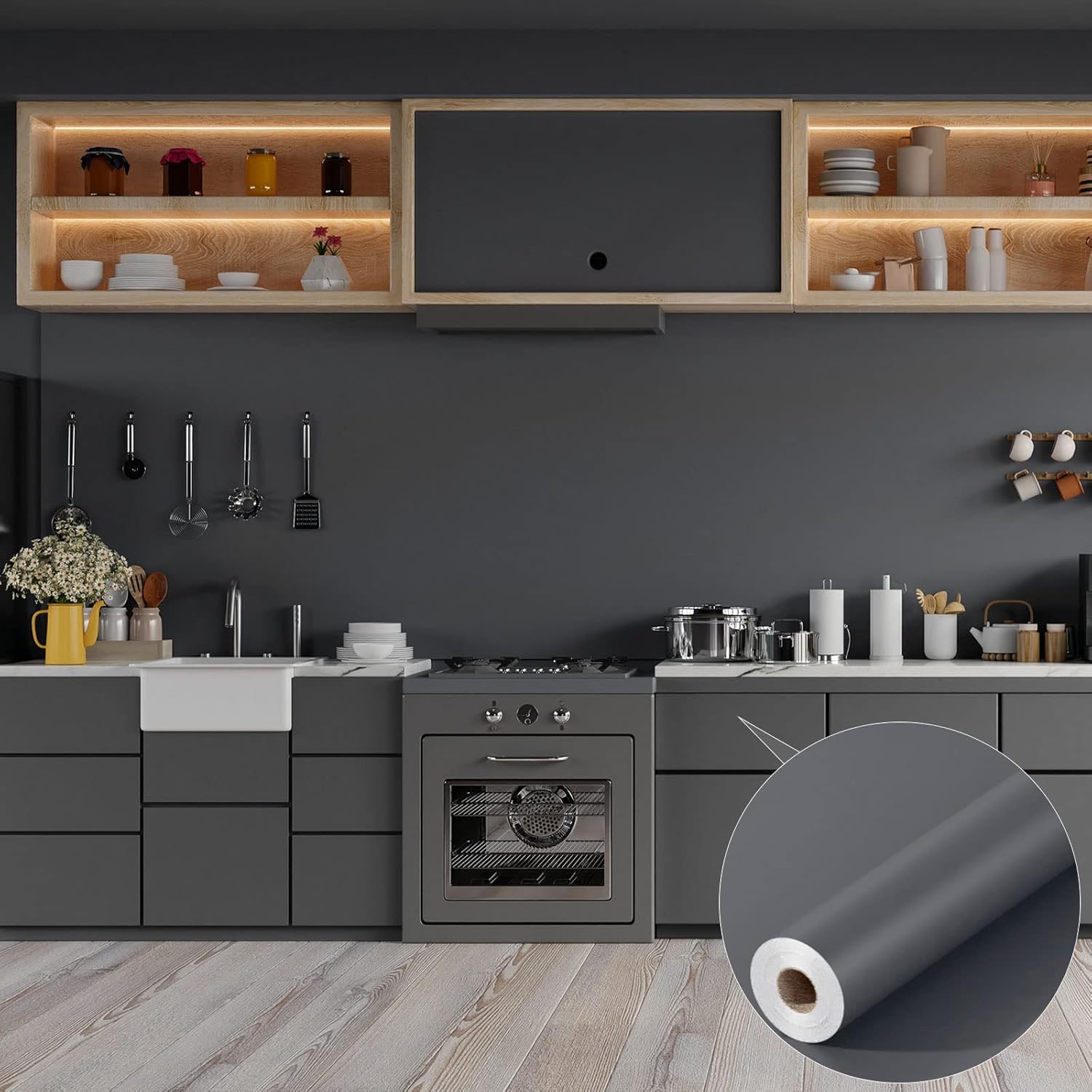 Homease Smooth Dark Grey Wallpaper 24"x 196", Solid Color Skin Wallpaper Peel and Stick Self Adhesive Removable Contact Paper for Cabinets Walls Countertops Desktop Shelf Door, Waterproof Thick Vinyl