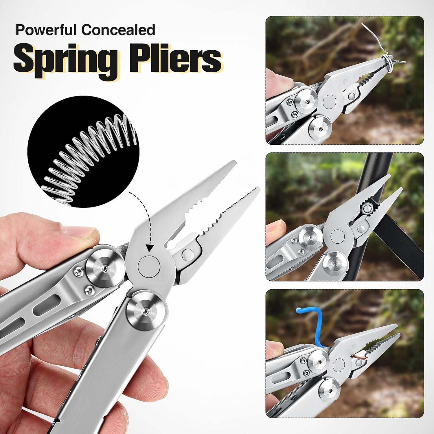 Multitool Pliers, 13 in 1 Multipurpose Plier with Carabiner | ASTM 420 Portable Pocket Keychain Multi tool with Spring Pliers, Spring-action Scissors, Bottle Opener and Sheath