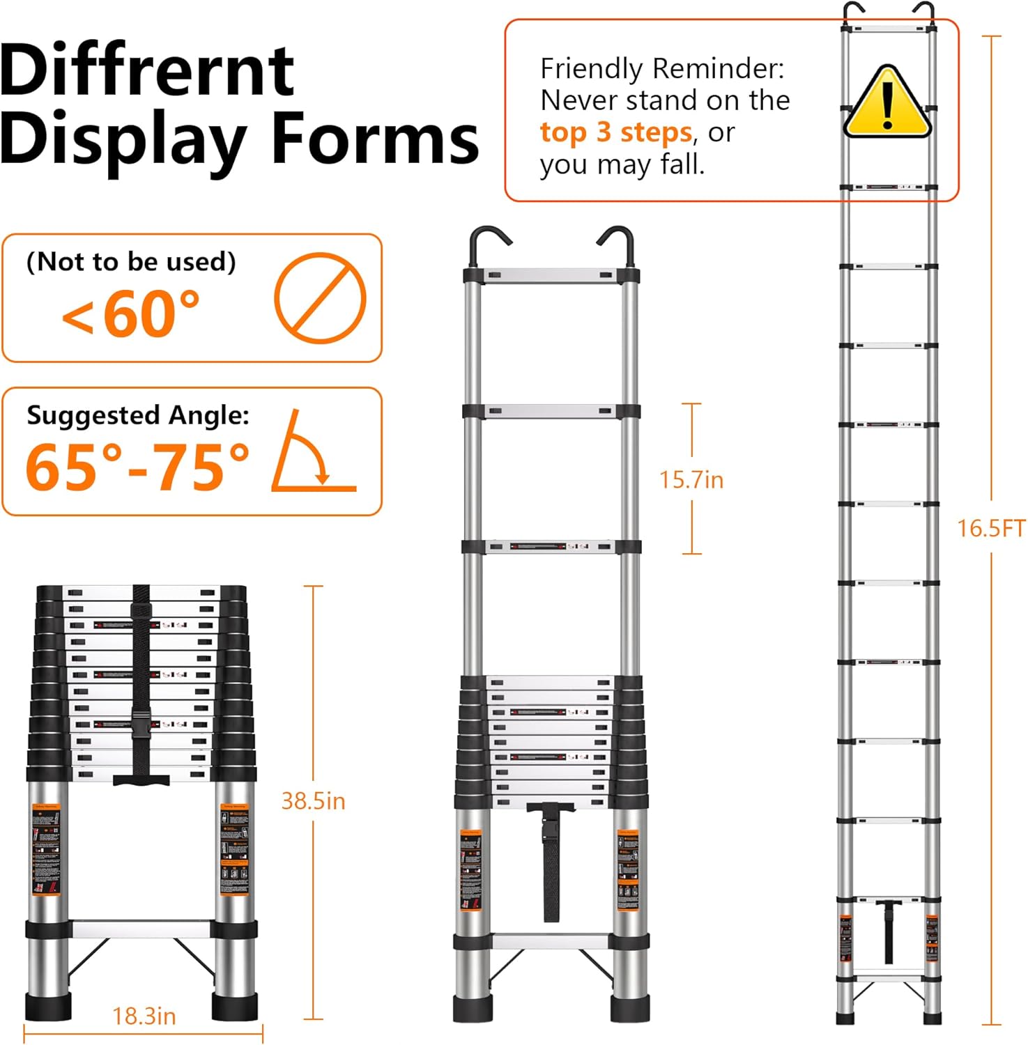 Telescoping Ladder 16.5 FT Stainless Steel Extension Ladder with 2 Detachable Hooks, Portable Multi-Purpose Collapsible Telescope Ladder for Home,RV,Outdoor Work, 330lbs Max Capacity